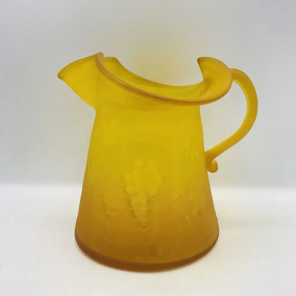 Vintage 1970s MCM Amber Art Glass Pitcher Vase Grapes Leaves Gold Yellow 6 1/2